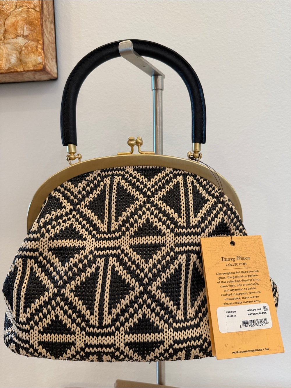 Patricia Nash Black & Cream Geometric Woven Frame Handle Clutch